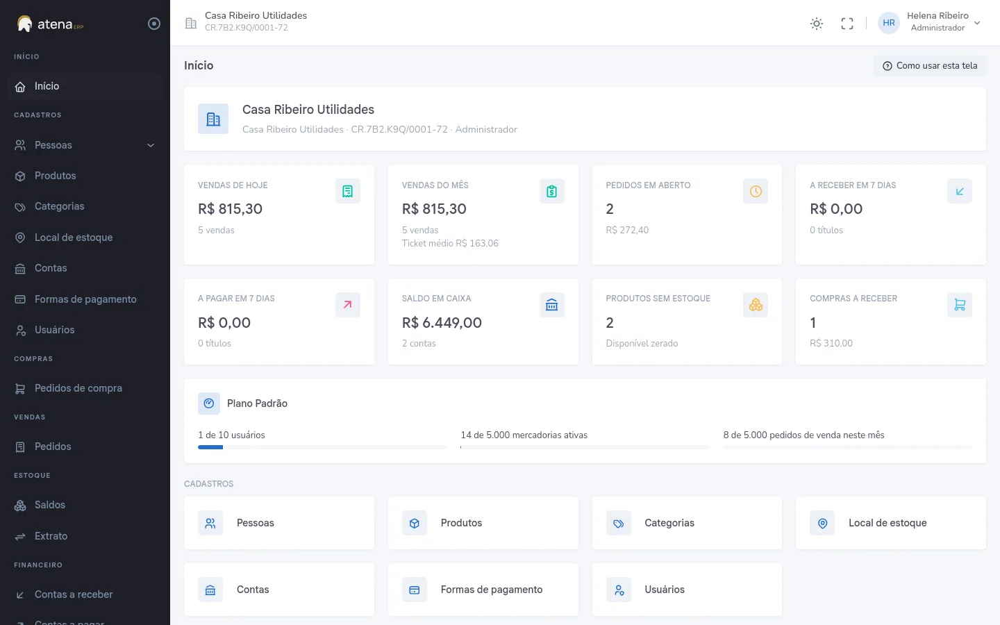 Página inicial do Atena com os números do dia: vendas de hoje e do mês, pedidos em aberto, a receber e a pagar em 7 dias, saldo em caixa, produtos sem estoque e compras a receber